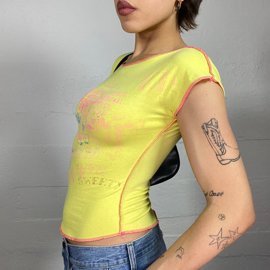Vintage 2000's Downtown Girl Yellow Top with Neon Pink Typography Print (S)