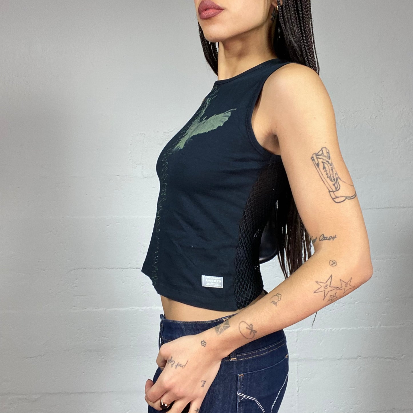 Vintage 2000's Indie Black Top with Red Flower and Pigeon Print (S)