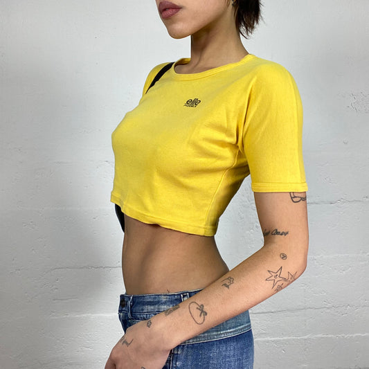 Vintage 2000's Elite Sleaze Girl Yellow Crop Top with Brand Print Detail (M)