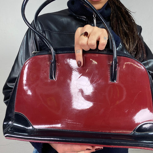 Vintage 2000's Downtown Girl Black and Garnet Bowling Patent Leather Shoulder Bag with Shiny Finish