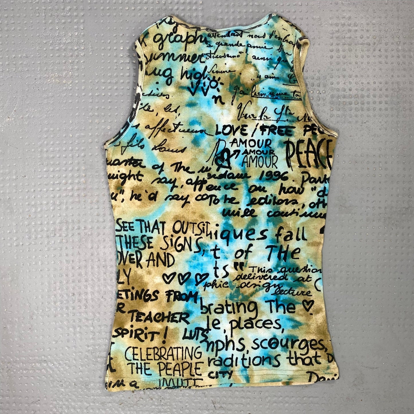 Vintage 2000's Boho Khaki Top with Blue Tie Dye Typography Print (XXS)