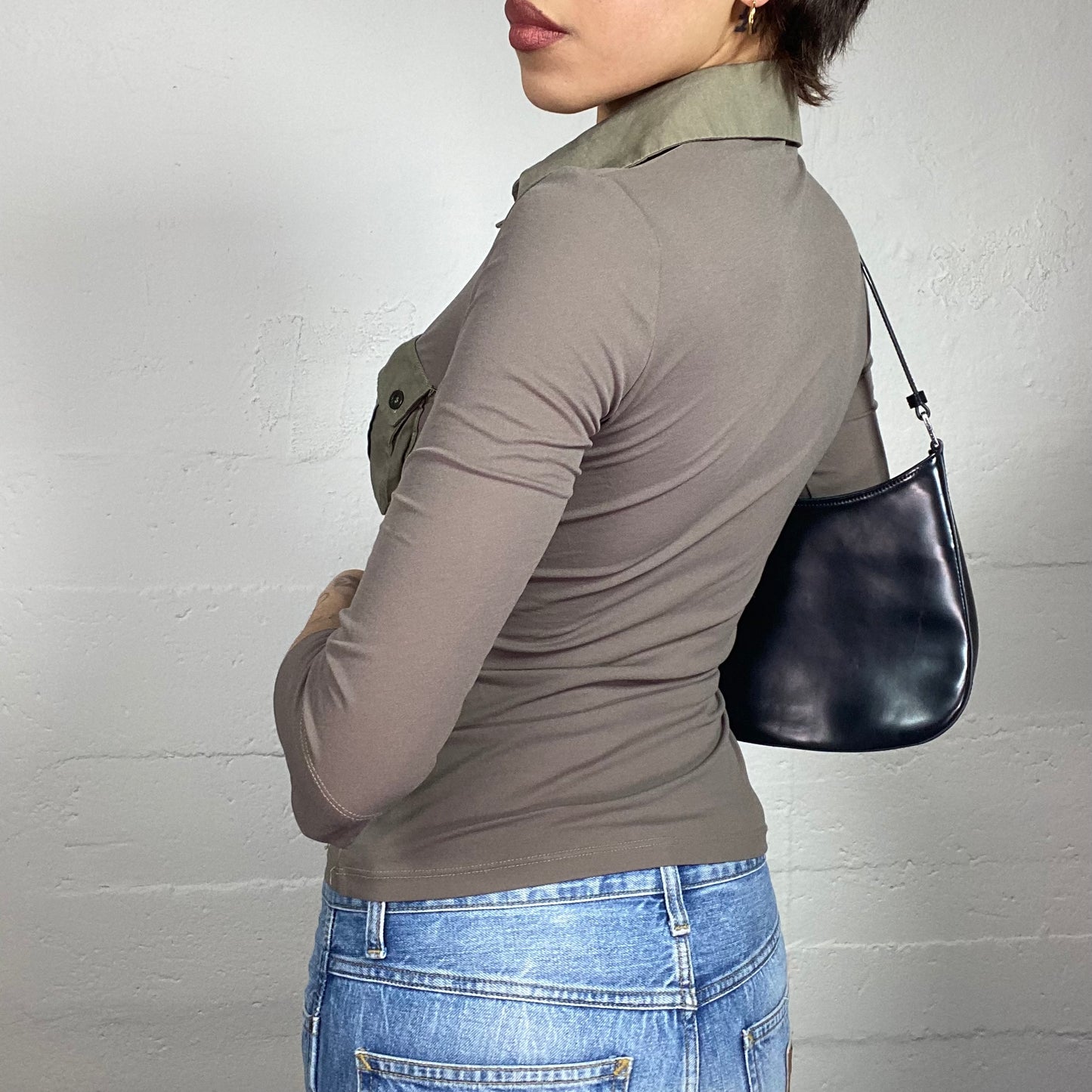 Vintage 2000's Downtown Girl Khaki Cargo Longsleeve Top with Big Pockets Detail (S)