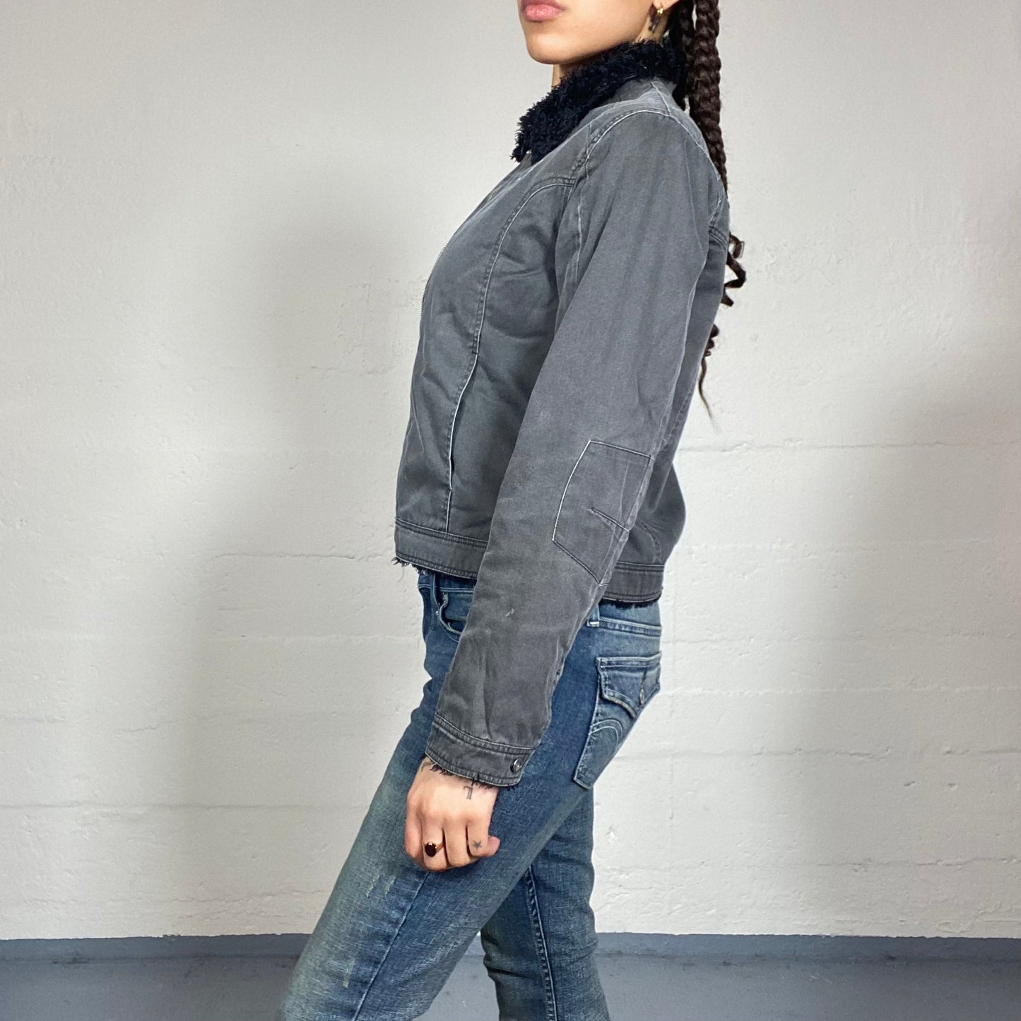 Vintage 90's Quicksilver College Girl Black Denim Short Coat with Faux Fur Collar Detail (S/M)