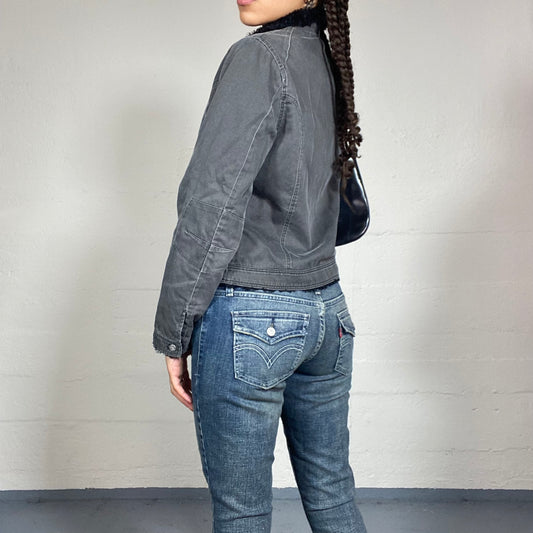 Vintage 90's Quicksilver College Girl Black Denim Short Coat with Faux Fur Collar Detail (S/M)