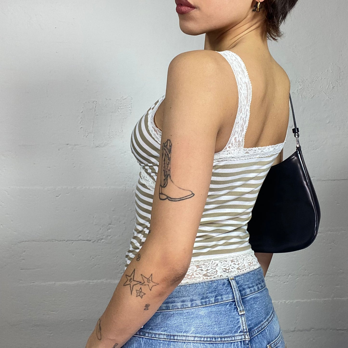 Vintage 2000's Coquette Girl White Lace Top with Khaki/Beige Stripes Print (S)