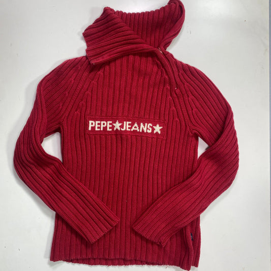 Vintage 2000's Pepe Jeans Cute Red Turtleneck Jumper with White Brand Print Detail (M)