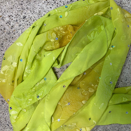 Vintage 2000's Funky Lime Green Chiffon Scarf with Floral Embroidery and Fringe