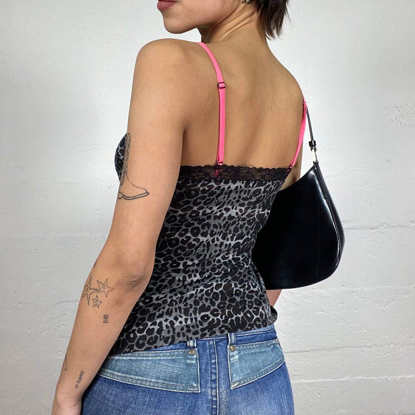 Vintage 2000's Sleaze Girl Grey Chetaah Print Cami Top with Neon Pink Straps Detail (M)