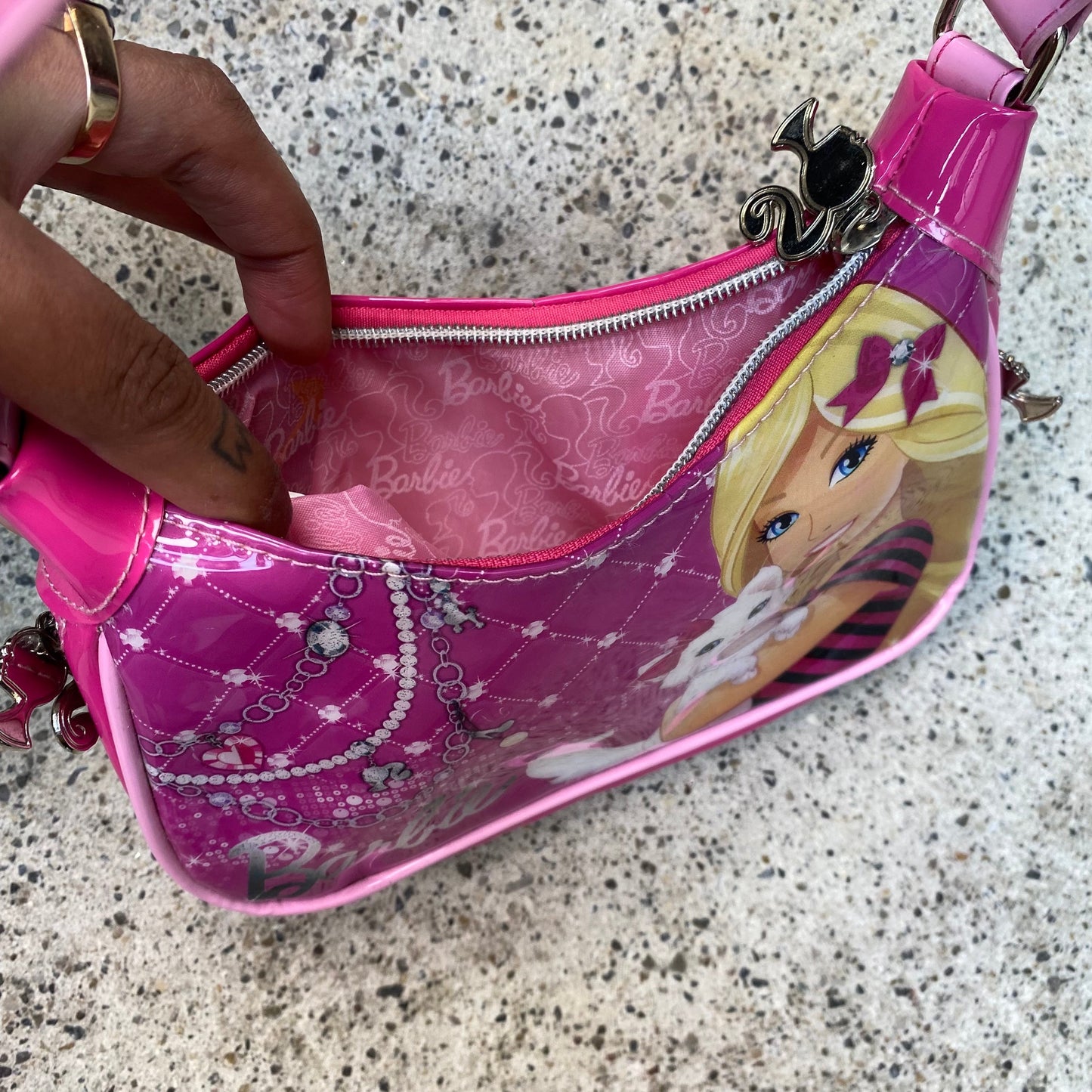 Vintage 2000's Barbie Hot Pink Mini Bag with Barbie and Cat Print