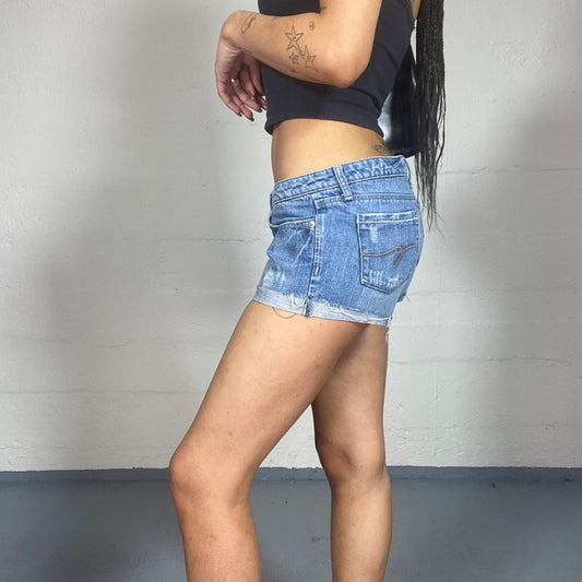 Vintage 2000's Guess Downtown Girl Mid Wash Denim Low Waist Micro Shorts (S)