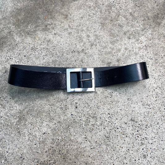 Vintage 2000's Classic Black Leather Belt with Big Silver Buckle