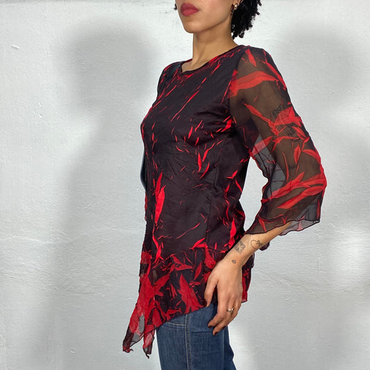 Vintage 2000's Black Mesh Tunika Top with Red Leaf Print (S/M)