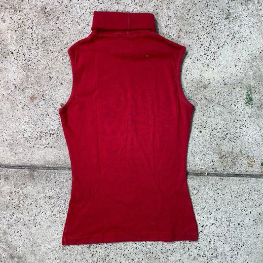 Vintage 2000's Streetstyle Red Turtleneck Tank Top with Rhinestone 'Angel' Print (S)