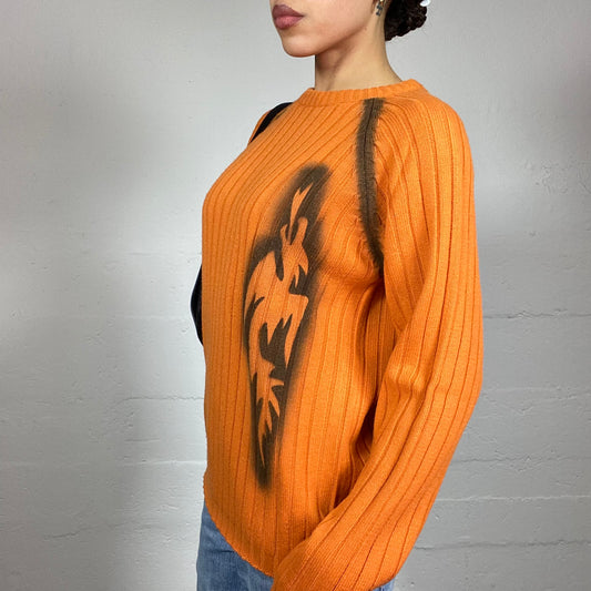 Vintage 90's Rave Orange Ribbed Knit Pullover with Sprayed Tribal Print Detail (M)
