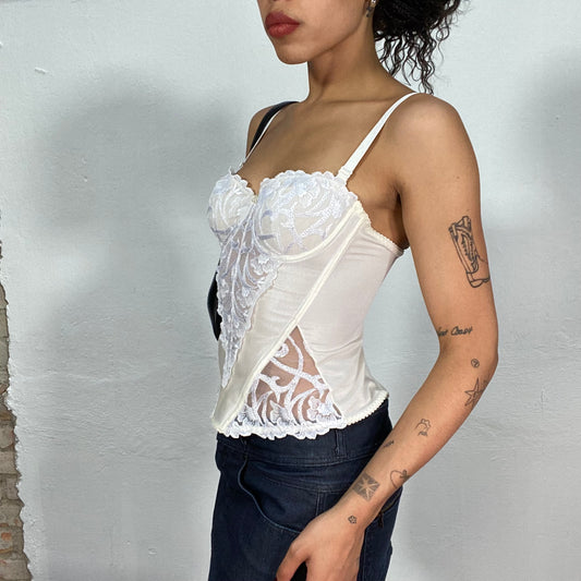 Vintage 2000's Coquette White Corset with Floral Embroidery Detail (S)