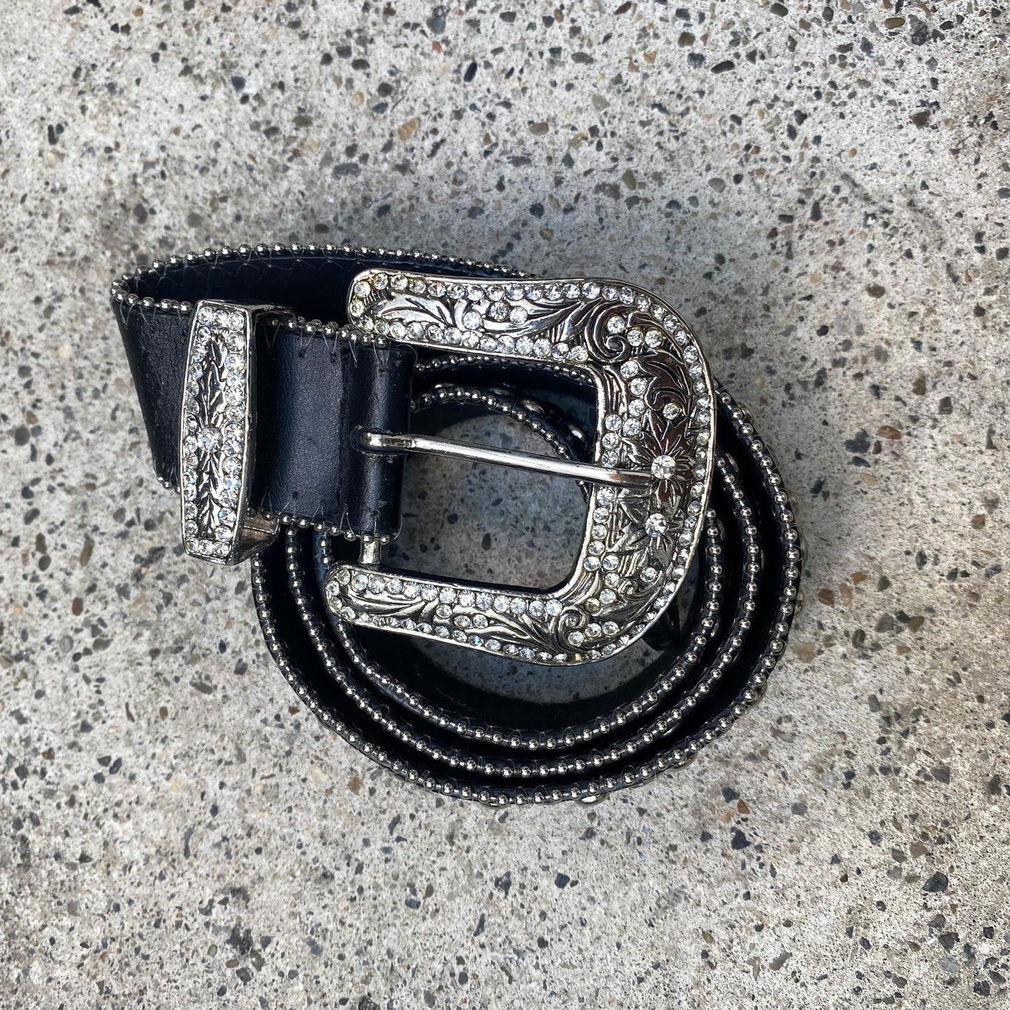 Vintage 2000's Cowboy Black Belt with Silver Goldsmith Work and Rhinestone Detail