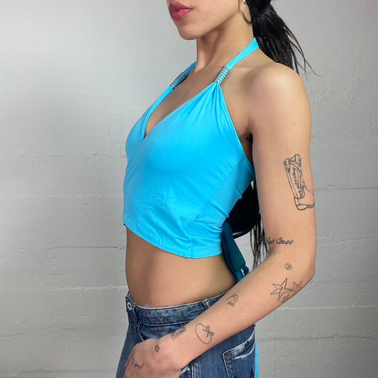 Vintage 2000's Sleaze Aqua Blue Neckholder Top with Strap Rings Detail (S)