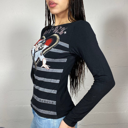 Vintage 2000's Downtown Girl Black Longlseeve Top with Marine Pin Up "navy Girl" Print (S/M)