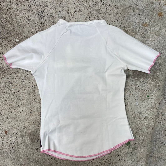 Vintage 2000's Funky White Shirt with Rockstar Print and Pink Contrast Stitching (S)