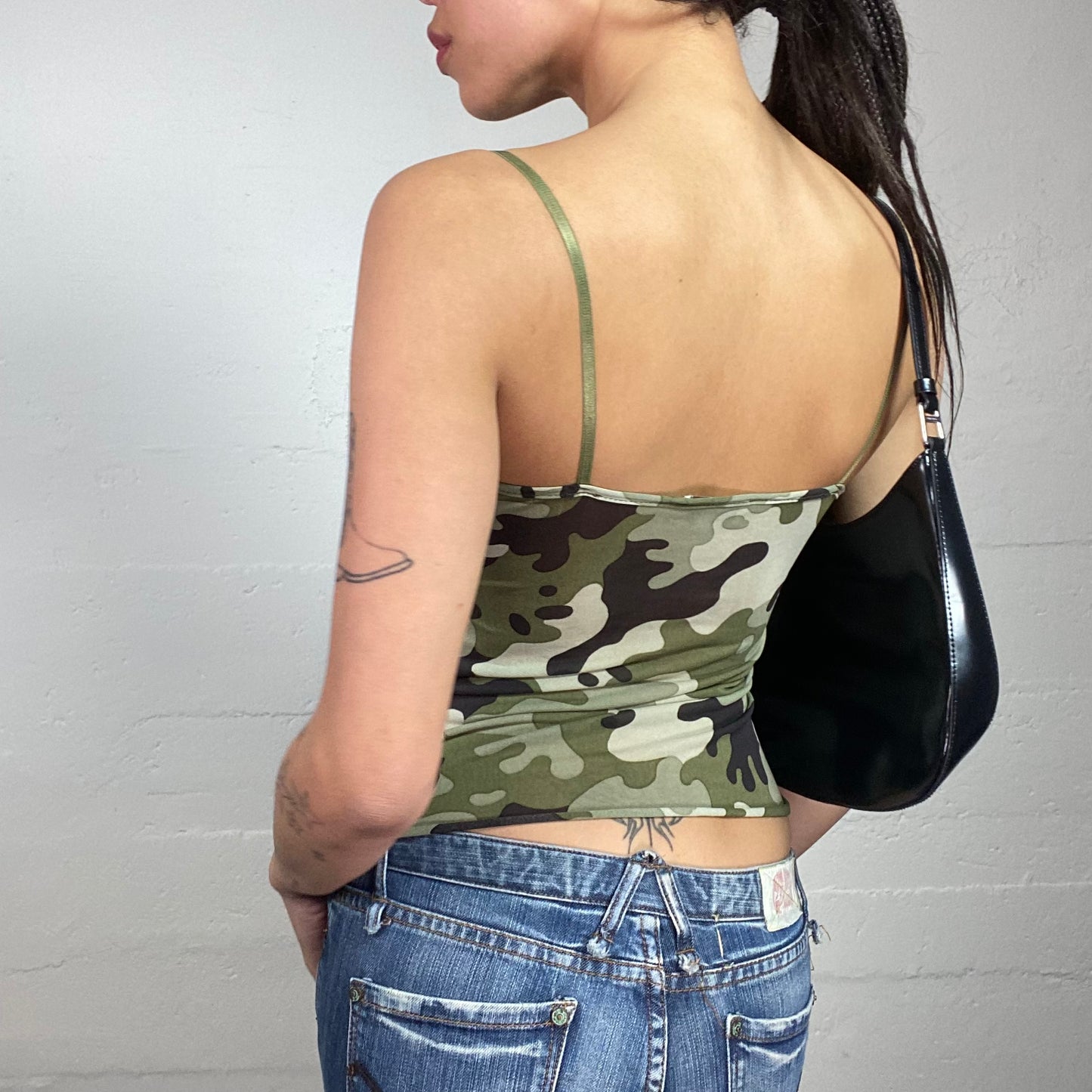 Vintage 2000's Rave Khaki Crpped Top with Camo Print and Frilled Neckline Detail (S)