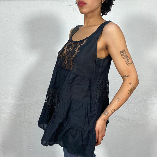 Vintage 2000's Summer Black Lace Baby Doll Top (M)