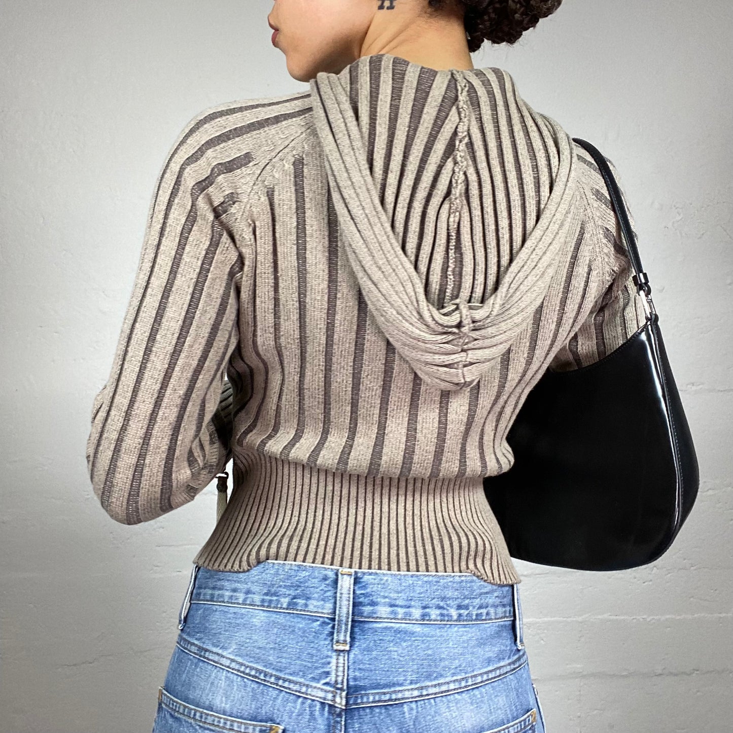 Vintage 90's Downtown Girl Brown Zip Up Ribbed Knit Pullover with Hood and Zips Detail (S)