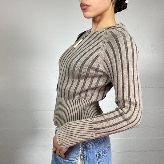 Vintage 90's Downtown Girl Brown Zip Up Ribbed Knit Pullover with Hood and Zips Detail (S)