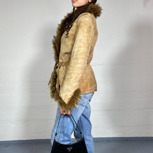 Vintage 2000's Bratz Brown Short Afghan Coat with Brown Fur Collar and Sleeves Detail (S)
