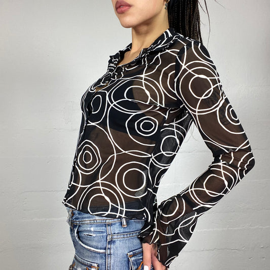 Vintage 2000's Funky Black Longsleeve Button Up See Through Shirt with White Wavy Print (S)