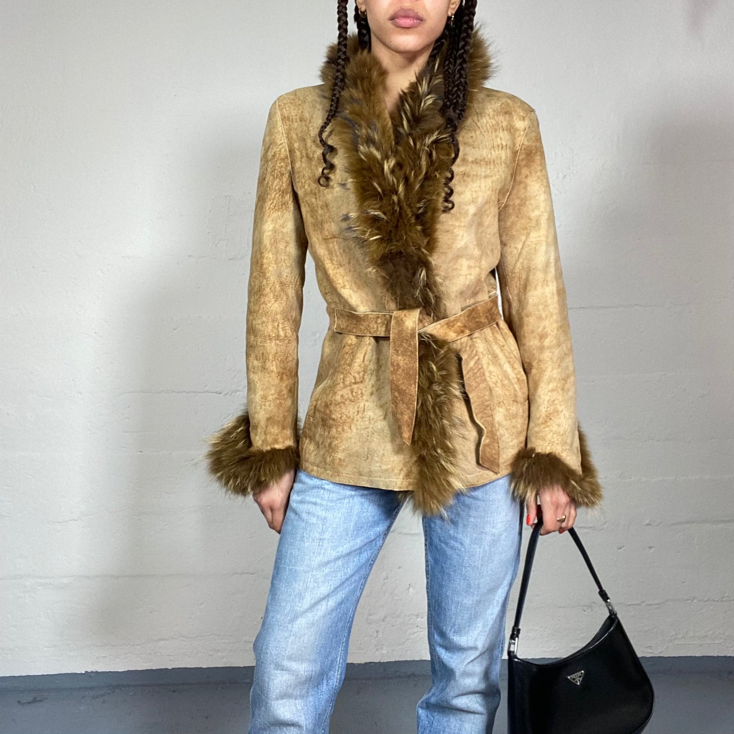 Vintage 2000's Bratz Brown Short Afghan Coat with Brown Fur Collar and Sleeves Detail (S)