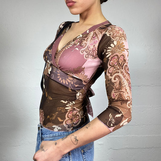 Vintage 90's Downtown Girl Pink & Brown Longsleeve Top with Floral Print and Mesh Bottom Detail (S)