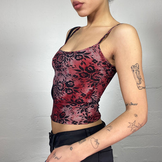 Vintage 2000's Vamp Goth Red Top with Black Floral Print Decoration (S)