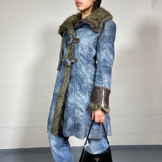 Vintage 2000's Miss Sixty Bratz Blue Maxi Afghan Coat with Faux Fur Brown Collar and Sleeves Detail (M)