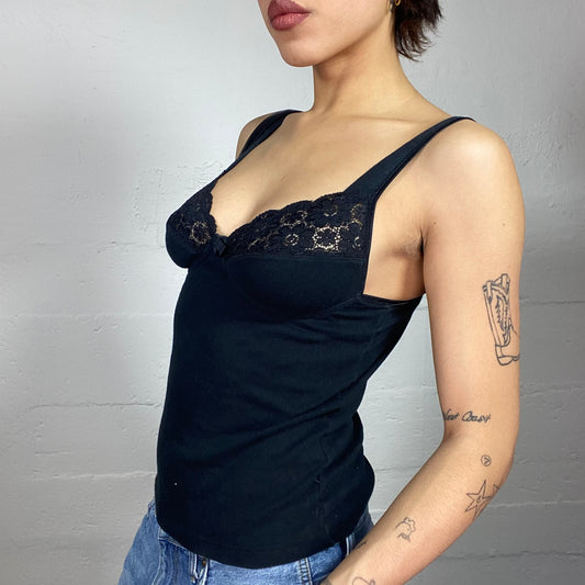 Vintage 2000's Lingerie Black Top with Laced Chest Detail and Ribbon (S)