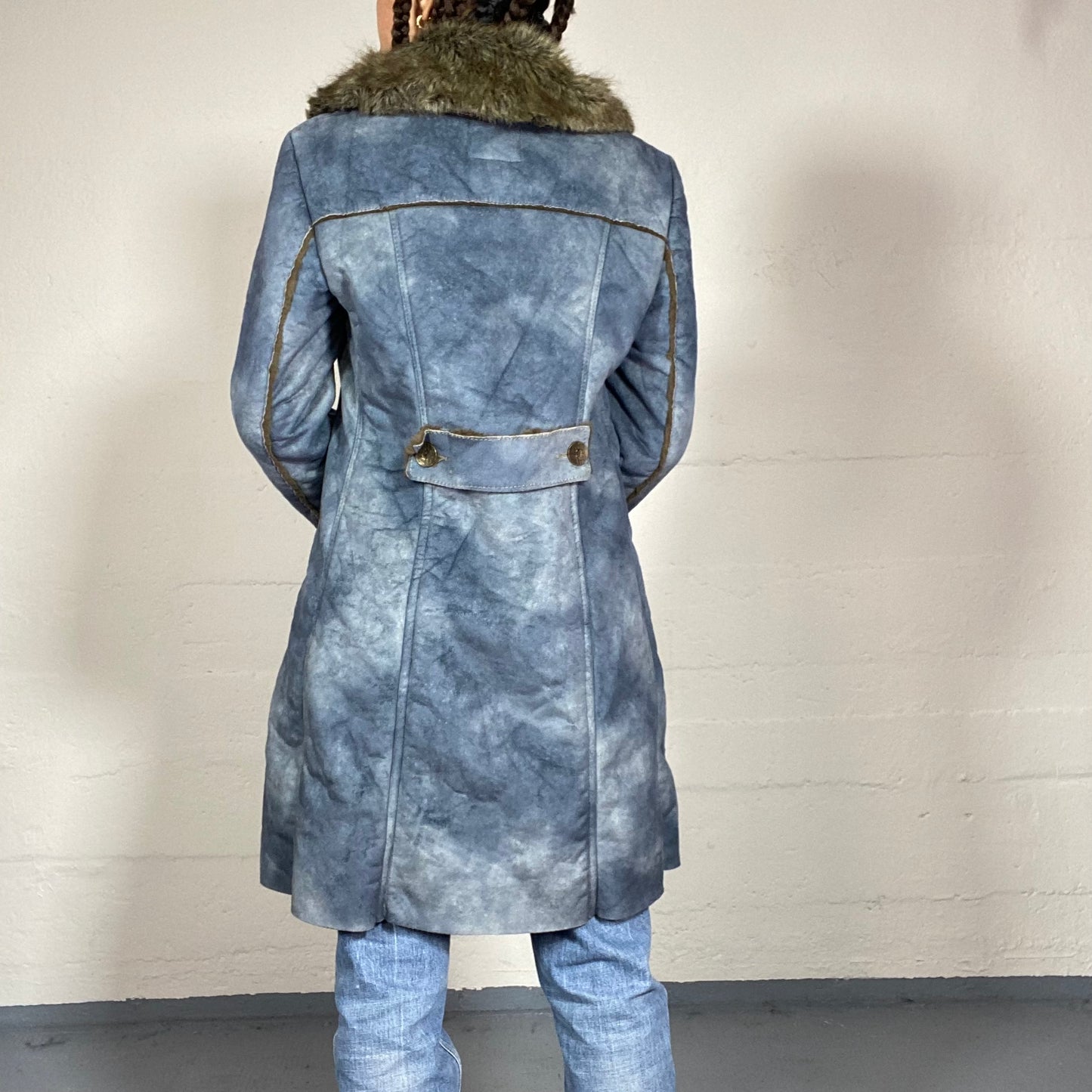 Vintage 2000's Miss Sixty Bratz Blue Maxi Afghan Coat with Faux Fur Brown Collar and Sleeves Detail (M)
