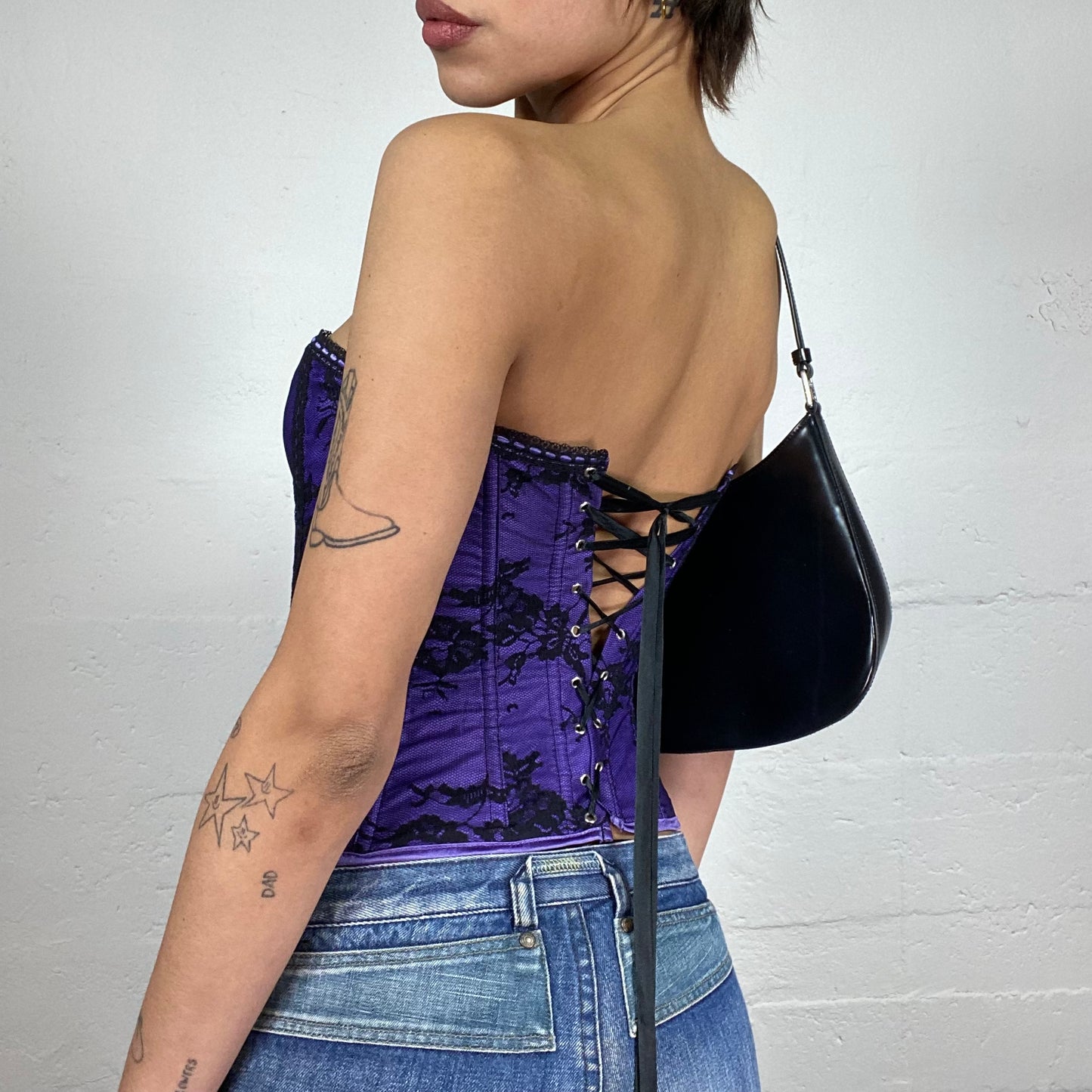 Vintage 2000's Goth Babydoll Purple Corset Top with Black Floral Lace Detail (S)