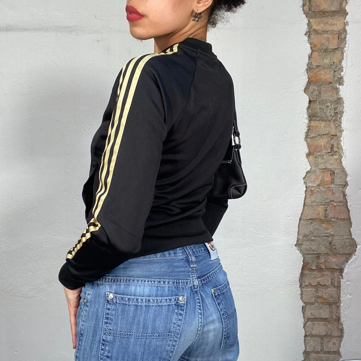 Vintage 2000's Adidas Black Zip Up Sweater with Golden Stripes (S)