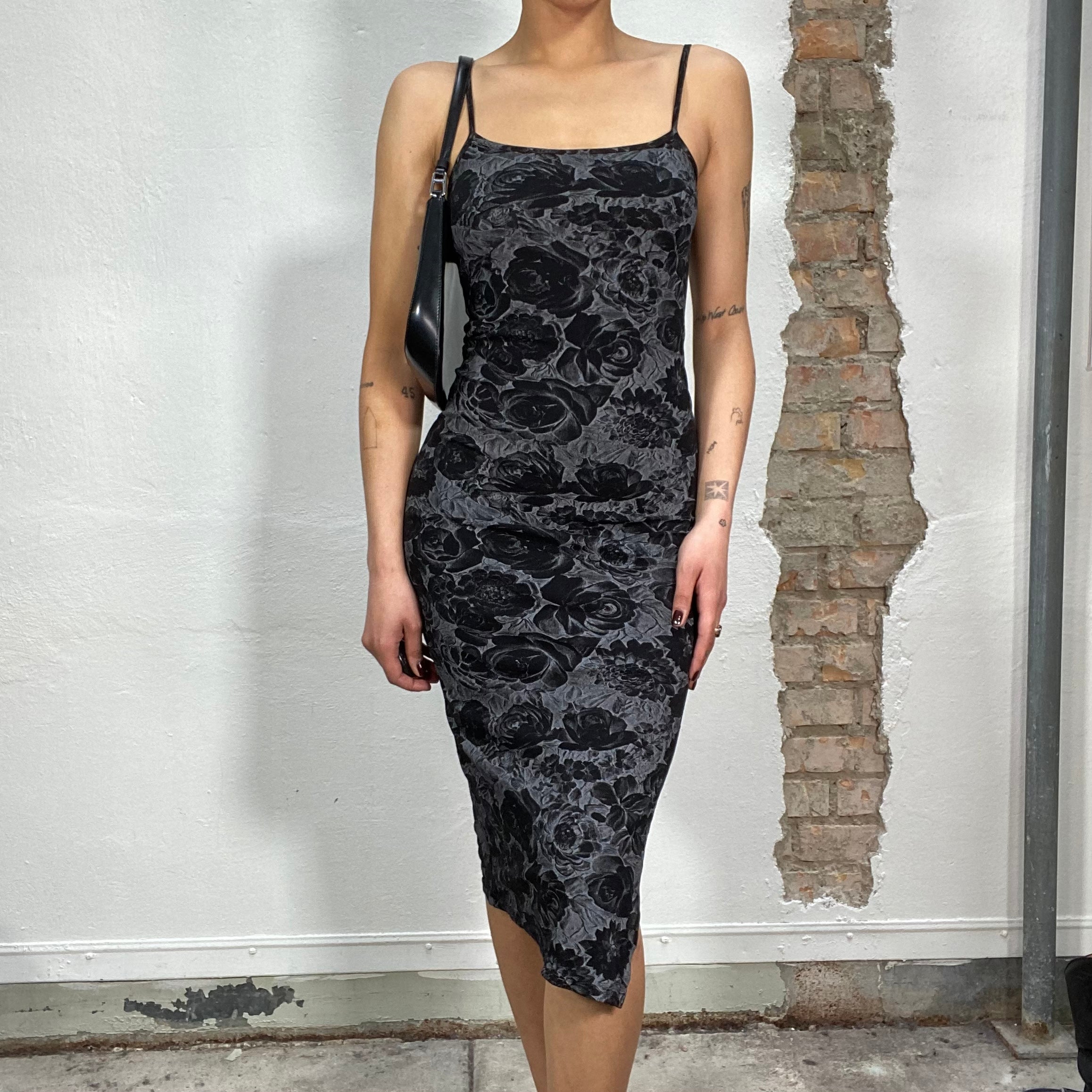 Vintage 2000's Downtown Girl Grey Bodycon Dress with Black Rose Print