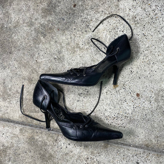 Vintage 2000's Night Out Black Pointy Leather Heels with Lace Up Details (38)