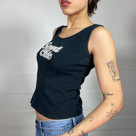 Vintage 2000's Downtown Girl Black Top with White "Sport Chic" Chest Print (S)