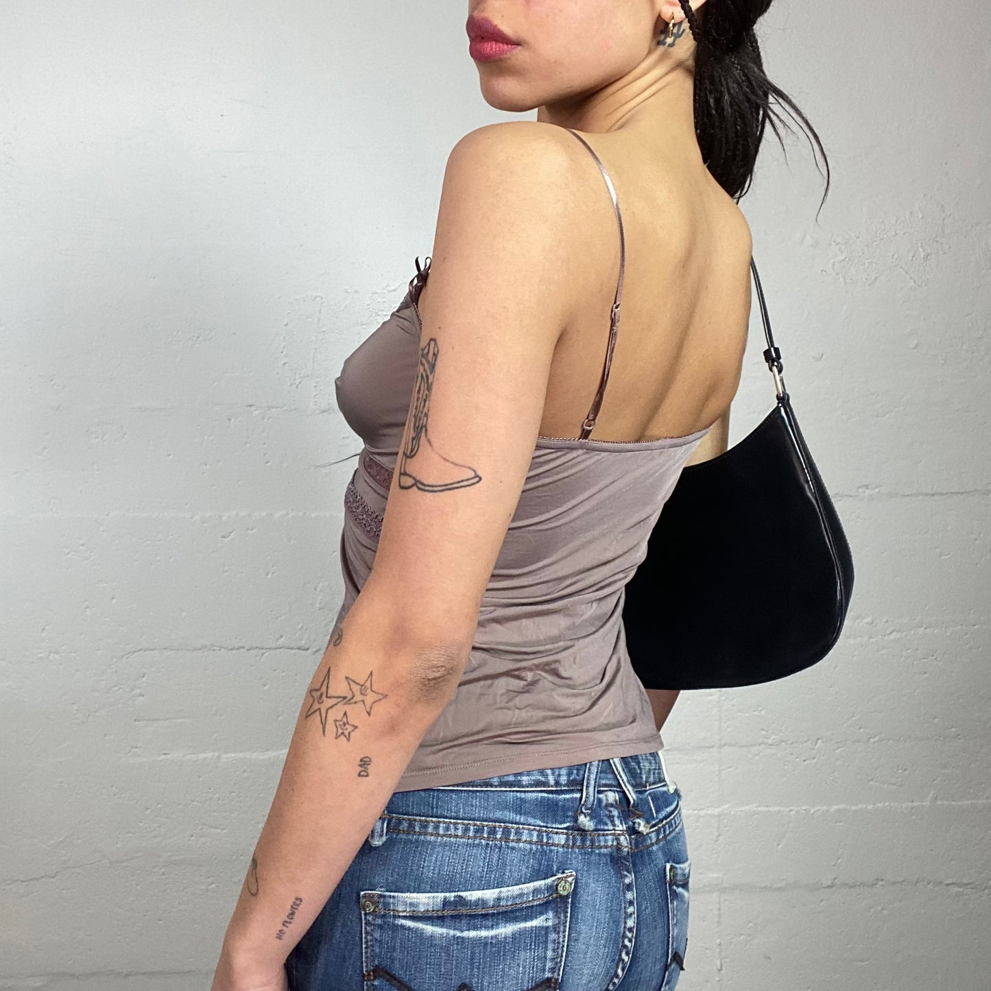 Vintage 2000's Romantic Brown Cami Top with Lace Trims Detail (S)