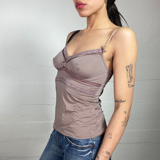 Vintage 2000's Romantic Brown Cami Top with Lace Trims Detail (S)