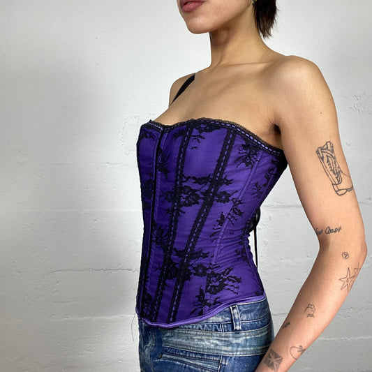 Vintage 2000's Goth Babydoll Purple Corset Top with Black Floral Lace Detail (S)