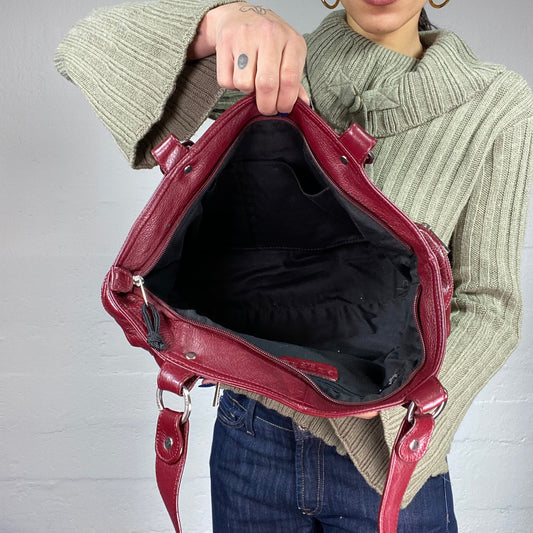 Vintage 2000's Cherry Leather Shoulder Bag with Zippers Detail