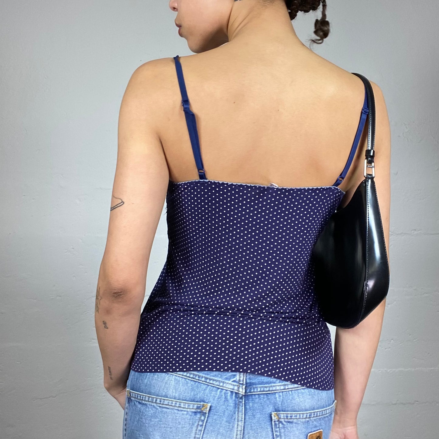 Vintage 2000's Lingerie Navy Blue Top with White Polka Dots and Mesh Lace Trim Detail (S)
