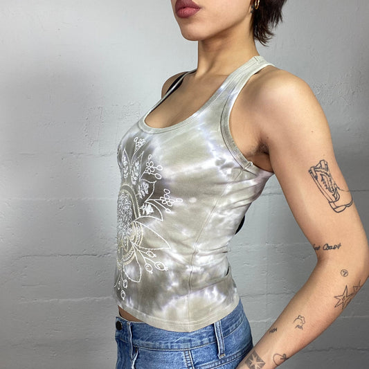 Vintage 2000's Boho Khaki Tie Dye Top with White Mandala Print (S)
