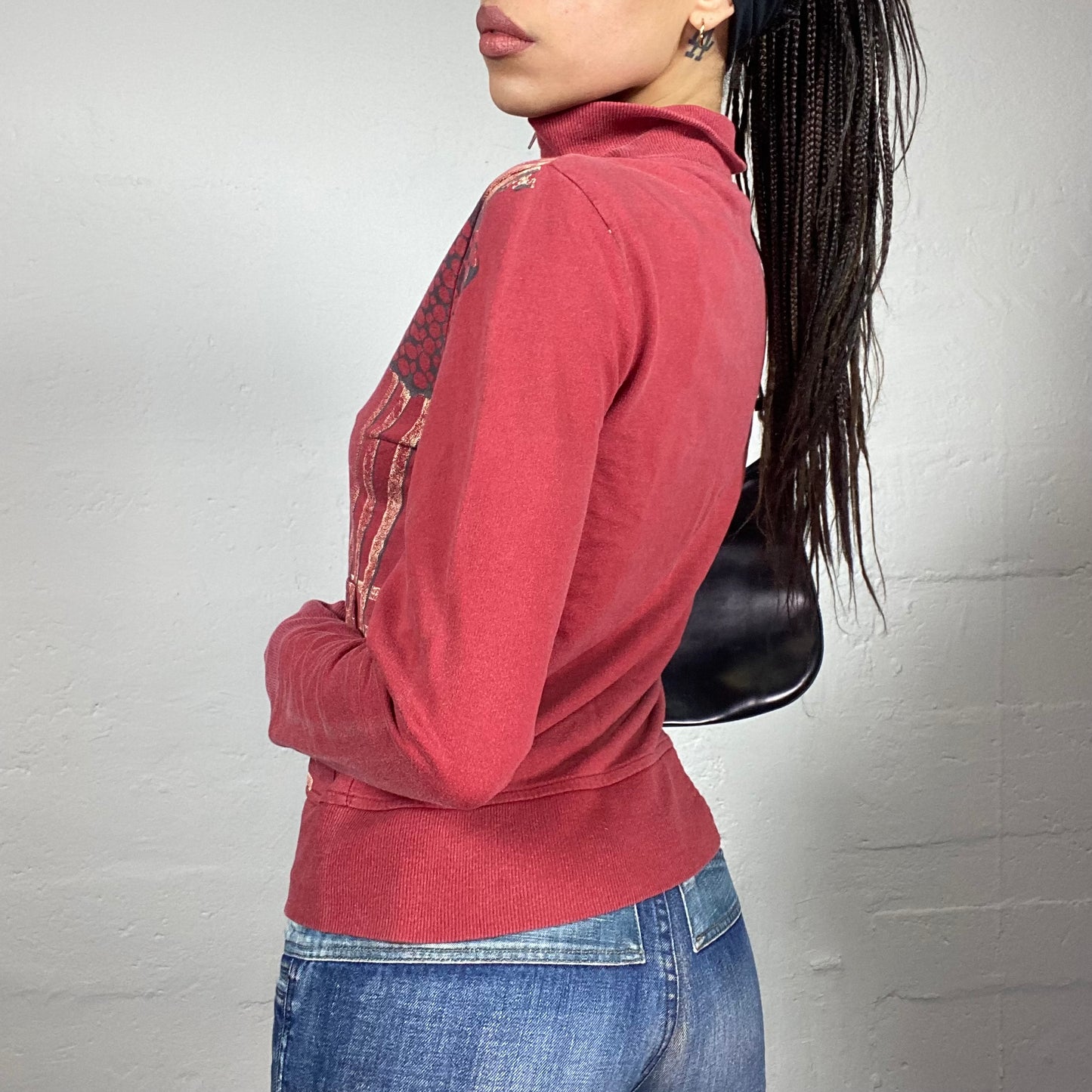 Vintage 2000's Rave Red Washed Out Zip Up Sweater with Black Contrast Print (M)