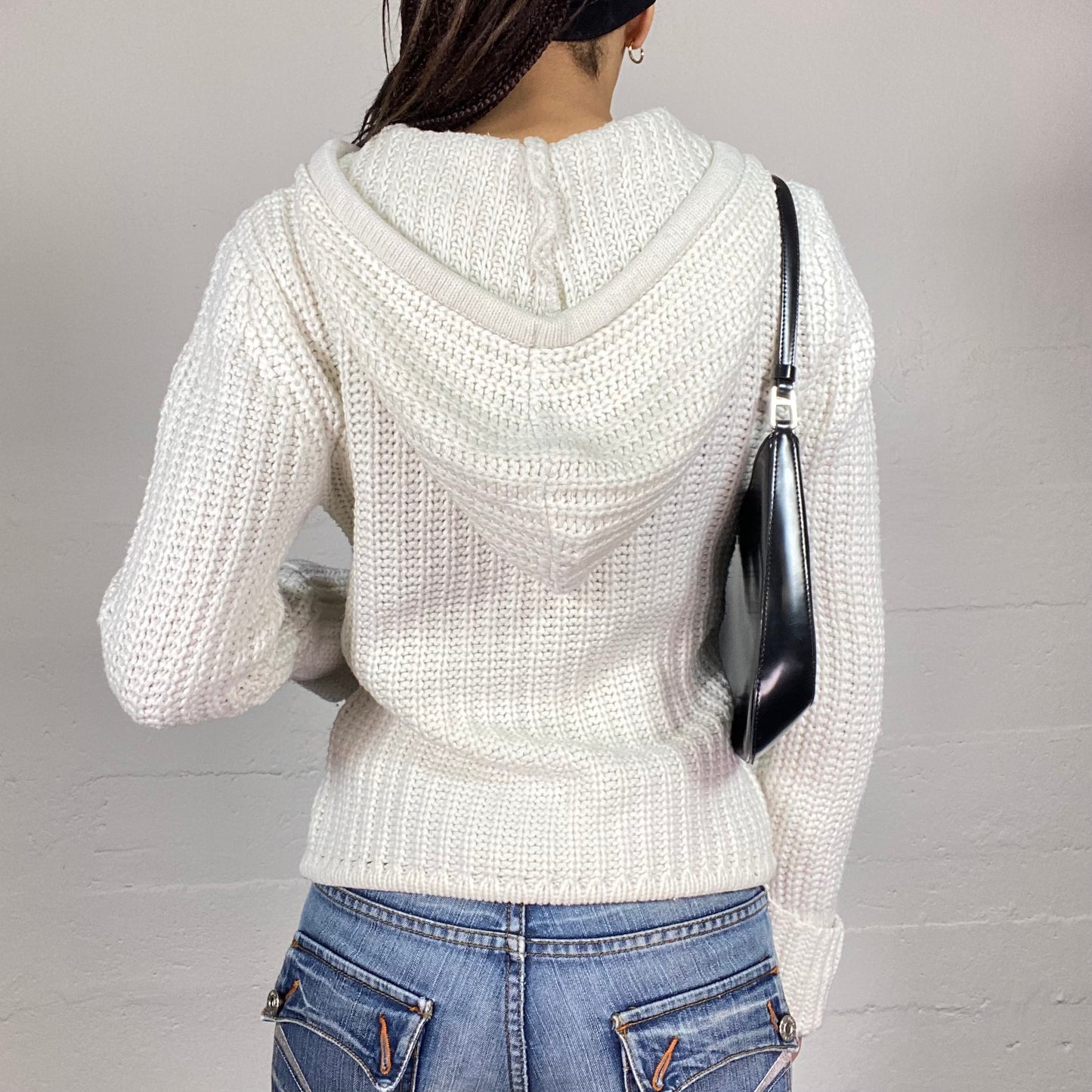 Vintage 2000's Soft Girl White Knitted Pullover with Hood and Button Detail (M)