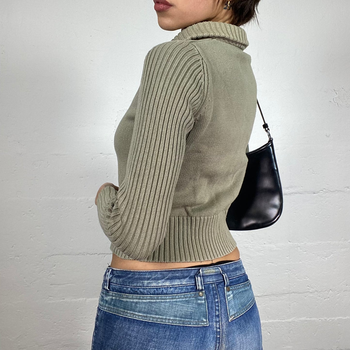 Vintage 2000's Grunge Khaki Zip Up Sweater with Knitted Material (S)
