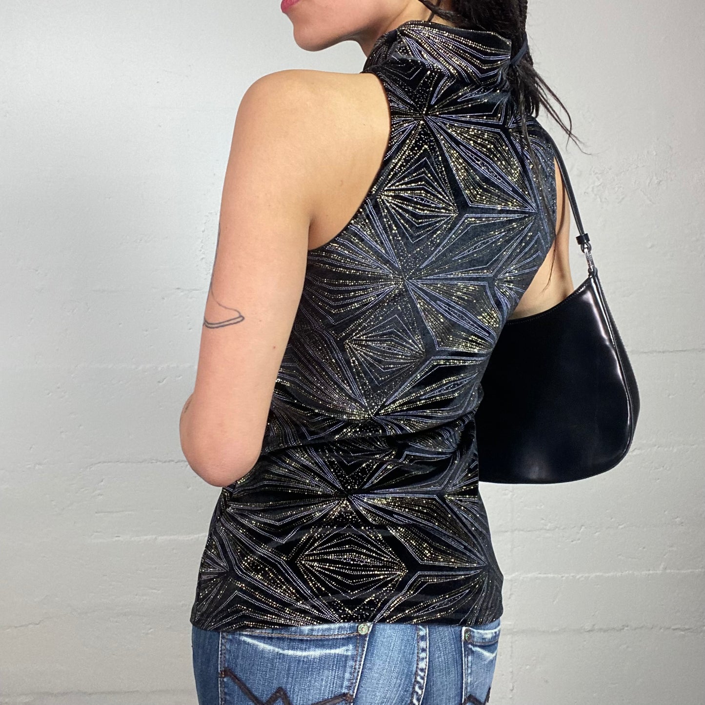 Vintage 2000's Clubwear Black Top with Strass Covering Star Shaped Print (S/M)